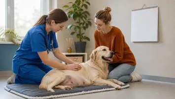 Veterinær undersøker en drektig hund mens eieren sitter ved siden av