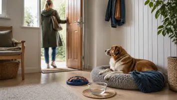 Rolig hund ligger i sengen sin mens eieren går ut døren