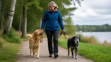 Ung og eldre hund går tur sammen med eieren langs en innsjø