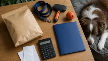 Hundeutstyr, hundemat, kvitteringer og kalkulator ved en sovende hund
