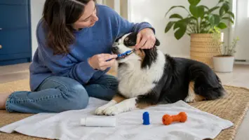Hund får forsiktig pusset utsiden av tennene med en liten tannbørste