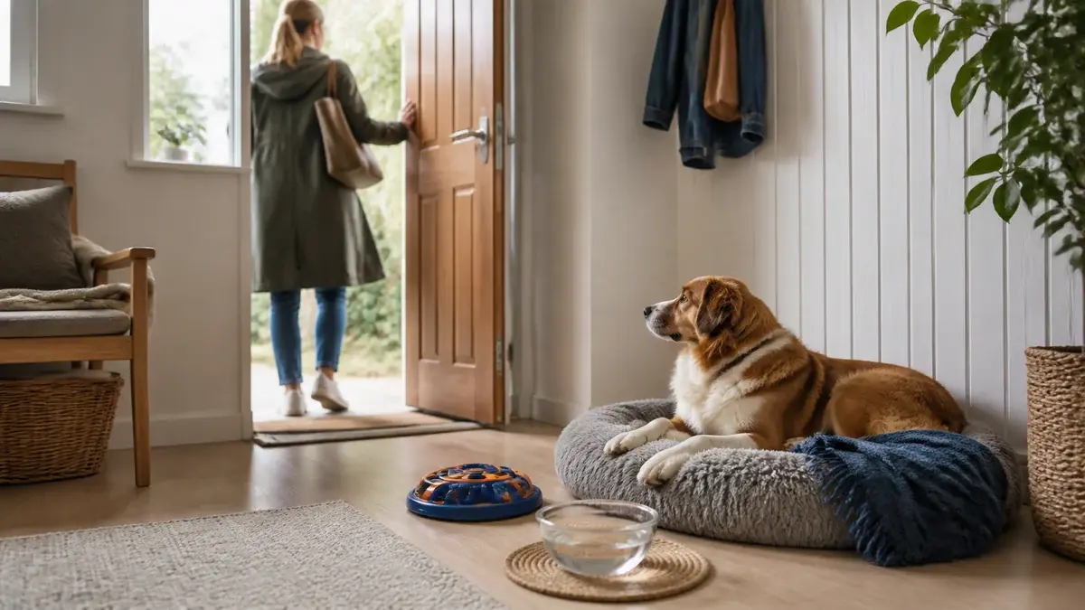 Rolig hund ligger i sengen sin mens eieren går ut døren