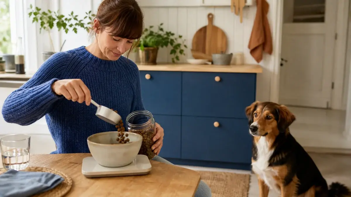 Hundeeier veier opp tørrfôr mens hunden venter ved siden av