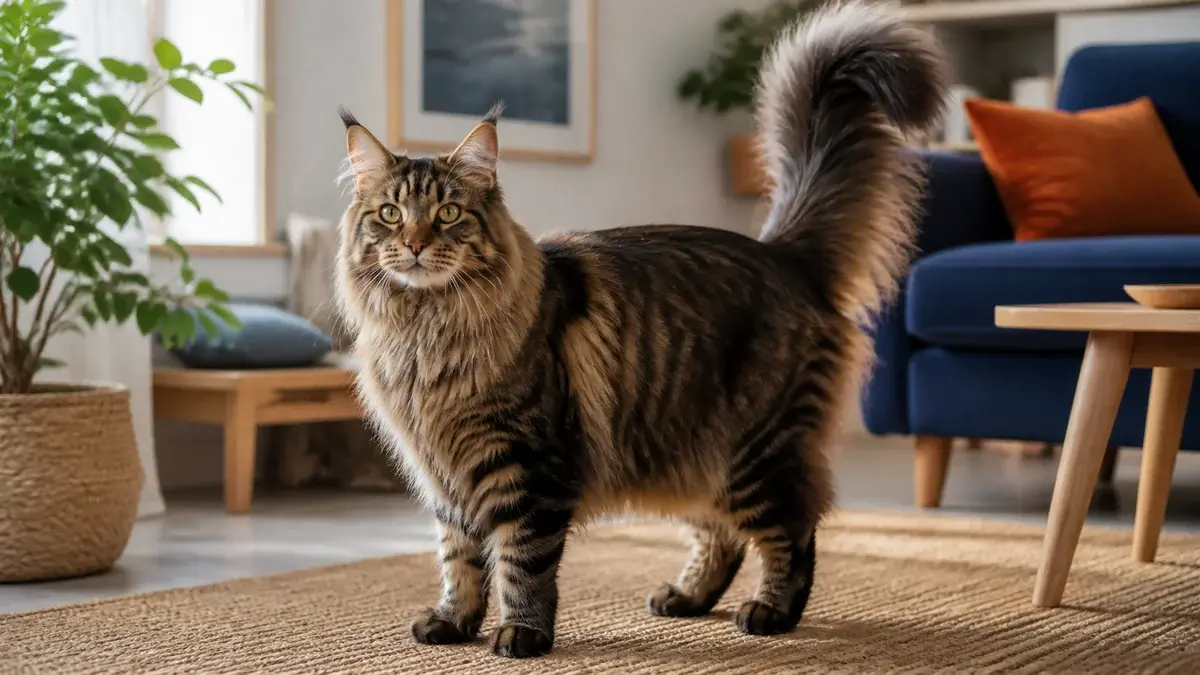Maine Coon-katt med stor kropp, øredusker og buskete hale i en stue