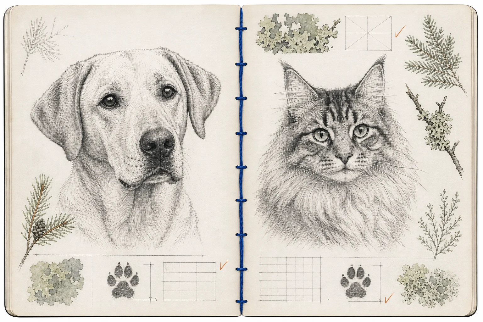 Illustrert feltjournal med en hund og en katt